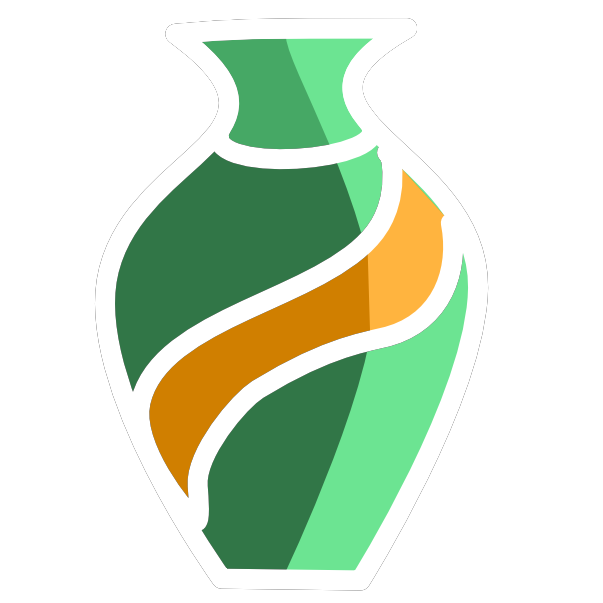 a bluish green vase with a curvy band of yellow across it, with white line art.